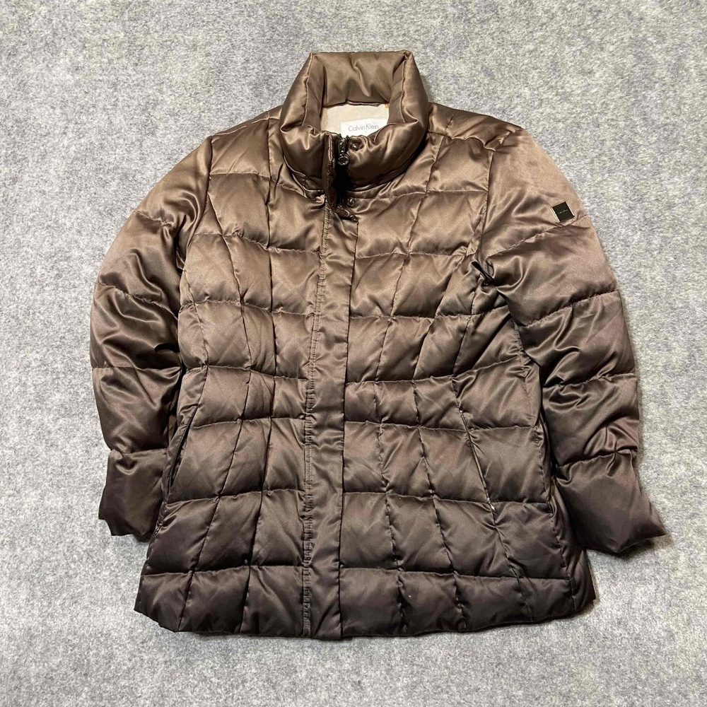 Satin Puffer Jacket Womens M Brown Quilted Full Zip Stand Collar Padded Coat